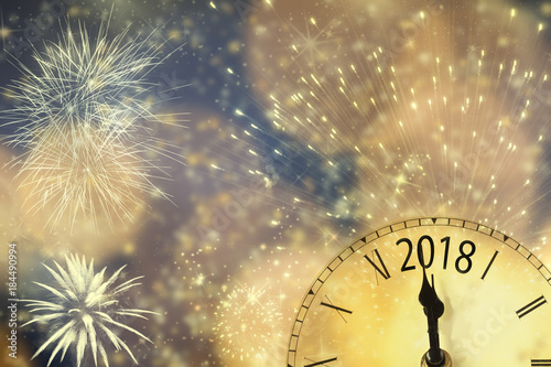 2018 New Year background with clock and fireworks