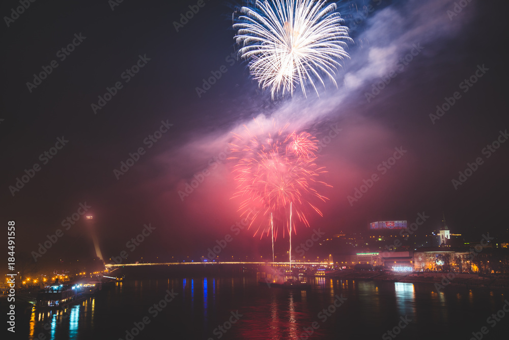 New Year Celebration. Fireworks on Danube River in Bratisalva, Slovakia