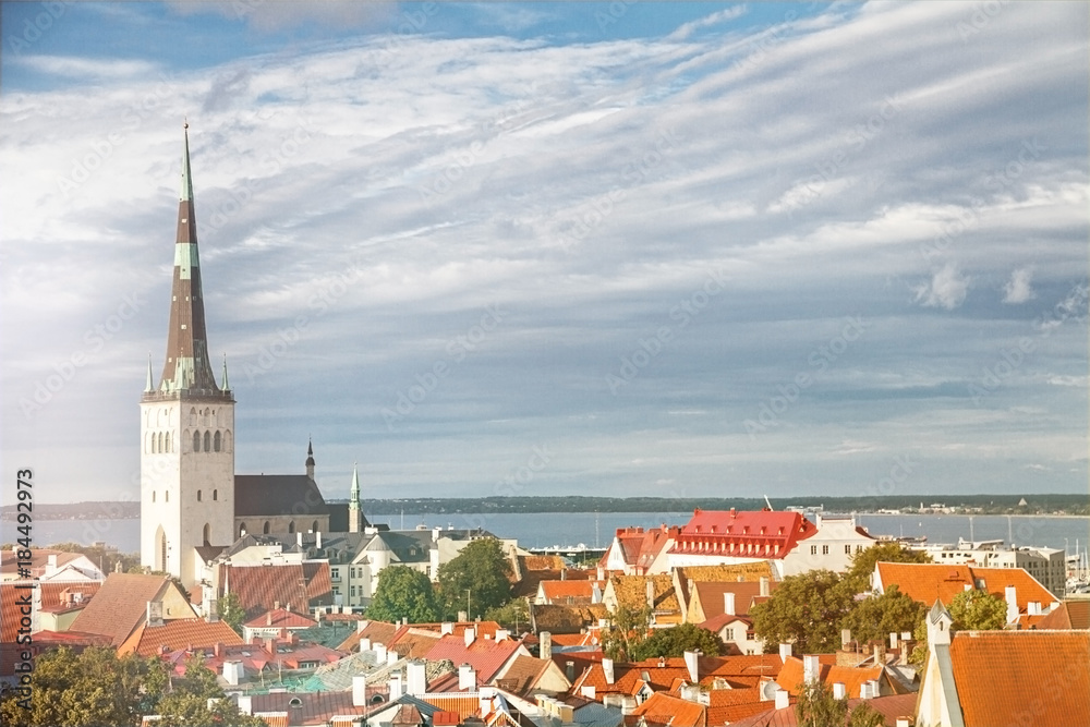 View of Tallinn Old Town, Baltic Sea and St. Olaf in a summer day, Estonia