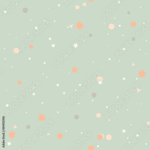 Colorful pastel abstract seamless pattern with pink, gray dots, circles, white triangles, orange stars on mint green backdrop. Infinity geometrical background. Vector illustration. 
