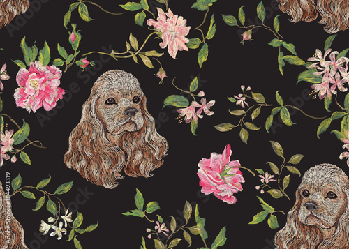 Fototapet Embroidery floral pattern with dog and roses