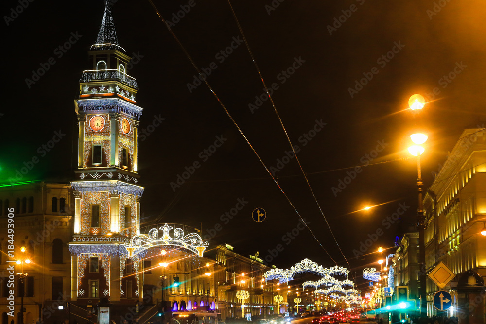 Street decoration to Christmas. City is decorated to New Year. Winter holidays in St. Petersburg, Russia..Nevsky Prospect illuminated for Christmas. - obrazy, fototapety, plakaty 