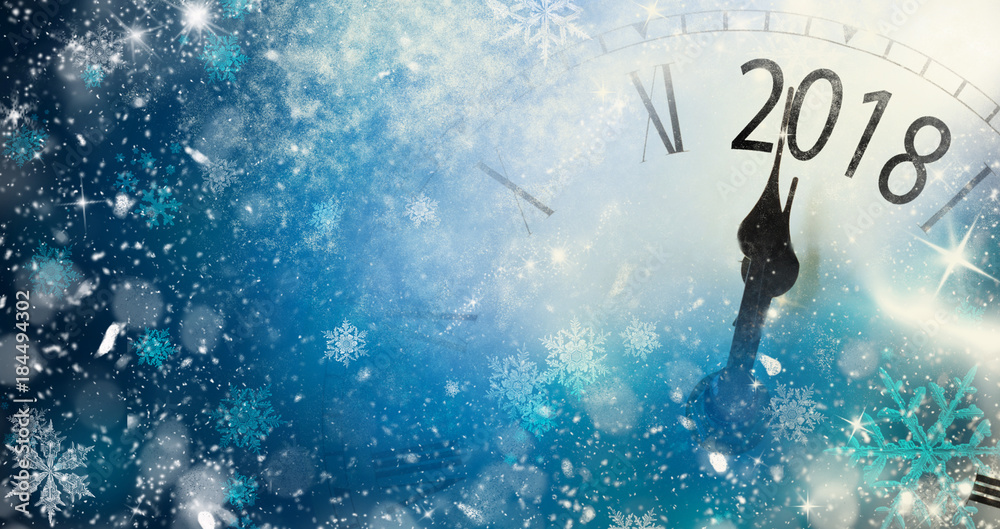 2018 New Year background with clock and snowflakes