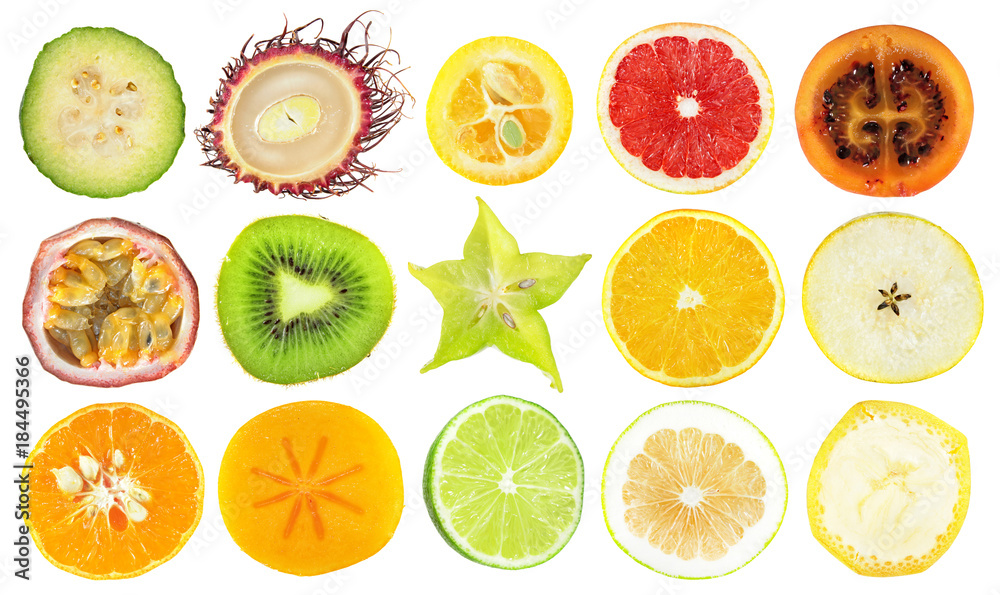 Set of slices of different exotic fruits isolated on white background