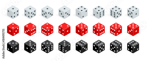 Set of isometric dice combination. Red, white and black poker cubes vector isolated. Collection of gambling app and casino template