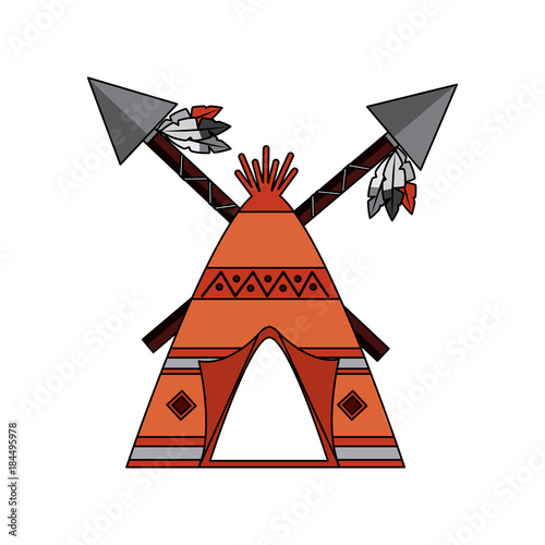 native american indian teepee home with crossed spears vector illustration