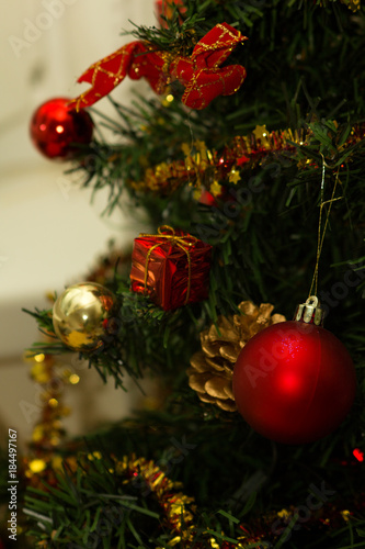 Christmas tree and ornaments, christmas background decoration.