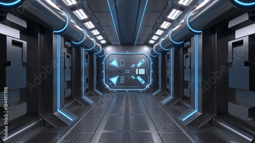 Fototapeta Naklejka Na Ścianę i Meble -  Science background fiction interior room sci-fi spaceship corridors blue ,3D rendering