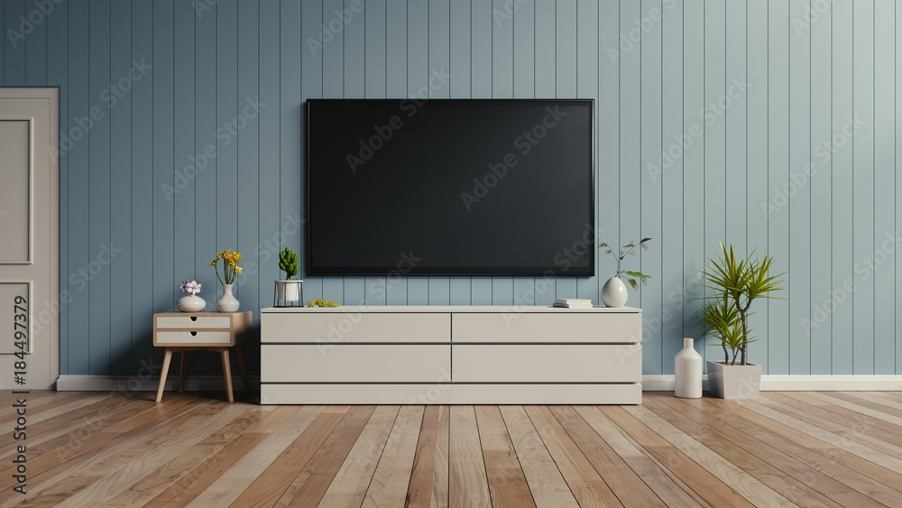 TV on the cabinet in modern living room,3d rendering