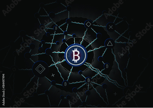 Bitcoin security business background. Bitcoin crypto mining data visualization. Business wallet scheme, security currency exchange, vector model. Crypto virtual payment finance. Gold money trading