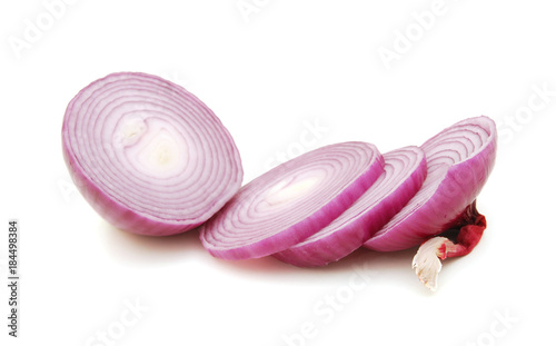 Sliced red onion on white background