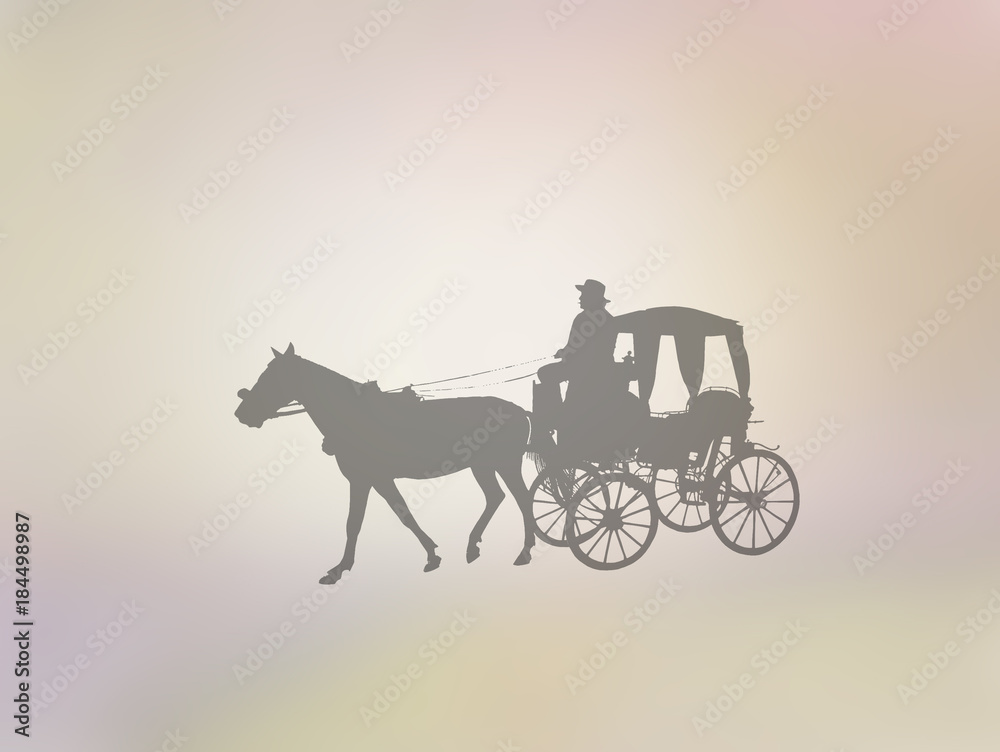 Silhouettes of old-fashioned horse and carriage on golden yellow abstract background illustration.