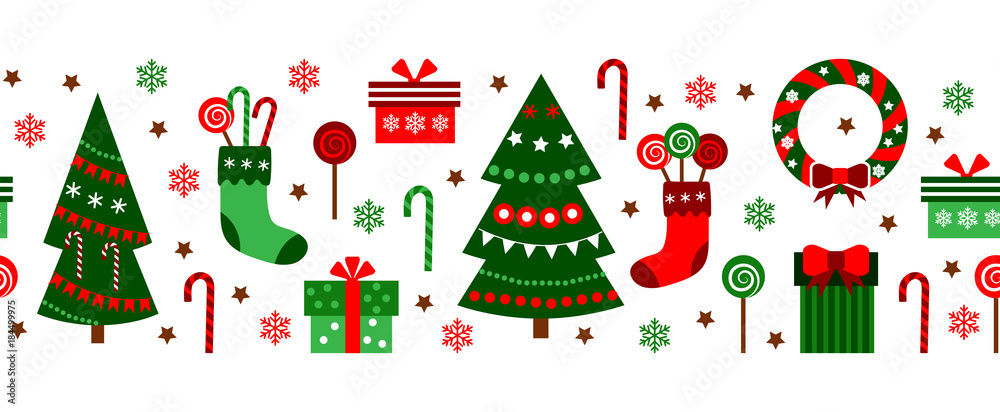 Merry Christmas decorations elements seamless pattern horizontal colorful border. Vector flat