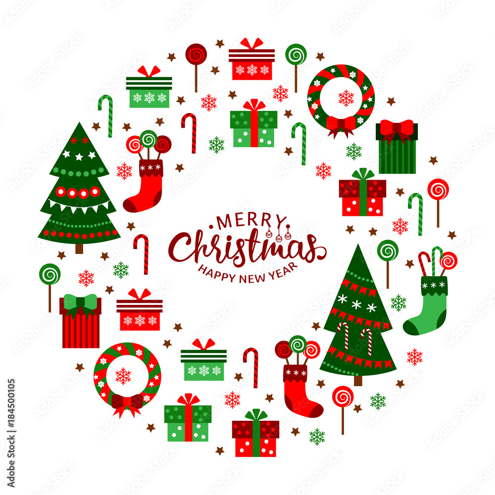Christmas flat icons in a circle. Merry Christmas and Happy New Year lettering. Flat design template. Hand drawn vector illustration. Christmas flat icons in a circle. Merry Christmas and Happy New Year lettering. Flat design template. Hand drawn vector illustration.