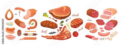 Different types of meat products set. Isolated set food on white background. Menu design in cartoon style.
