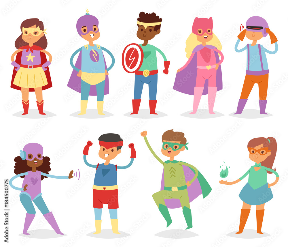 Superhero kids vector super hero child or kid in mask cartoon character of girl or boy in costume in childhood playing heroic game on carnival illustration isolated on white background Superhero kids vector super hero child or kid in mask cartoon character of girl or boy in costume in childhood playing heroic game on carnival illustration isolated on white background