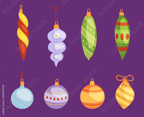 Christmas tree toys vector decorations balls, circle, stars, bells for decorate New Year Xmas tree toys on branches illustration