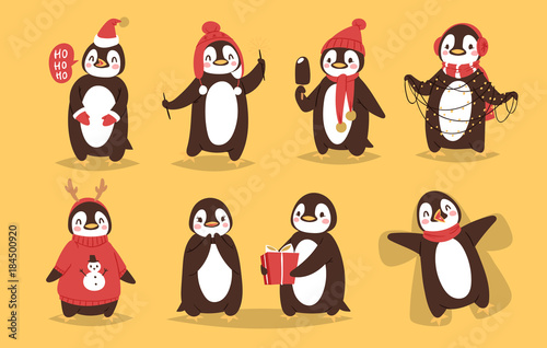 Christmas penguin vector character cartoon cute bird celebrate Xmas playfull happy penguin face smile illustration in santa Red Hat