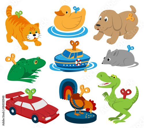 Kids vector toys clockwork key mechanism mechanic cartoon animals in toyshop for child clock work car and boat in playroom illustration isolated on white background