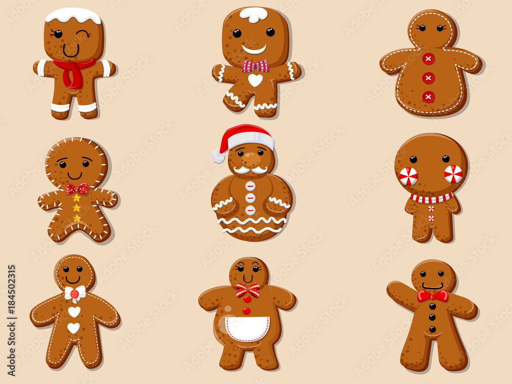 Set cute cartoon Gingerbread man cookies. Collection of merry Christmas and New Year Set cute cartoon Gingerbread man cookies. Collection of merry Christmas and New Year