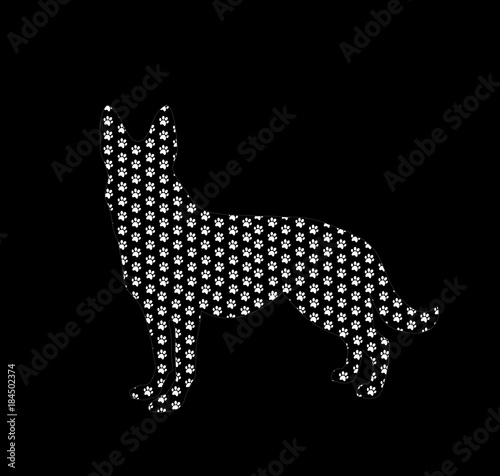 Silhouette of german shepherd filled with white dog paw prints