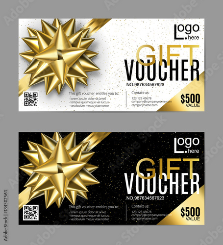 Gift card layout template with golden bow ribbon in corners. Shopping certificate, glittering premium vip design. Vector