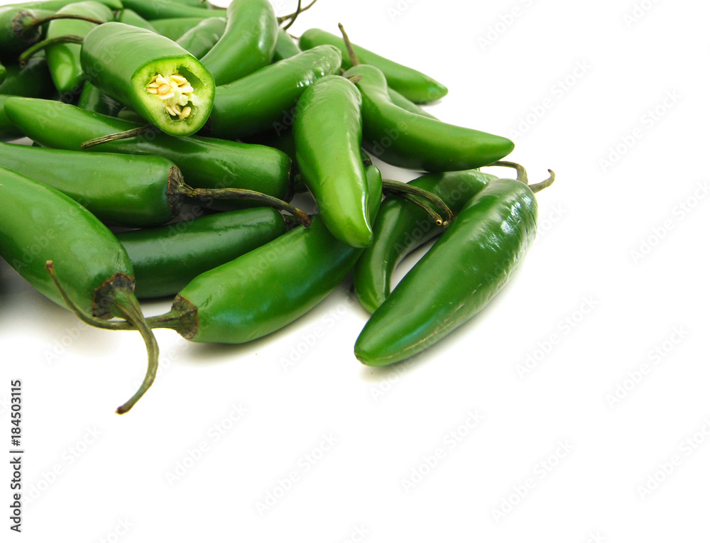 hot green pepper on white background, close up hot green pepper on white background, close up