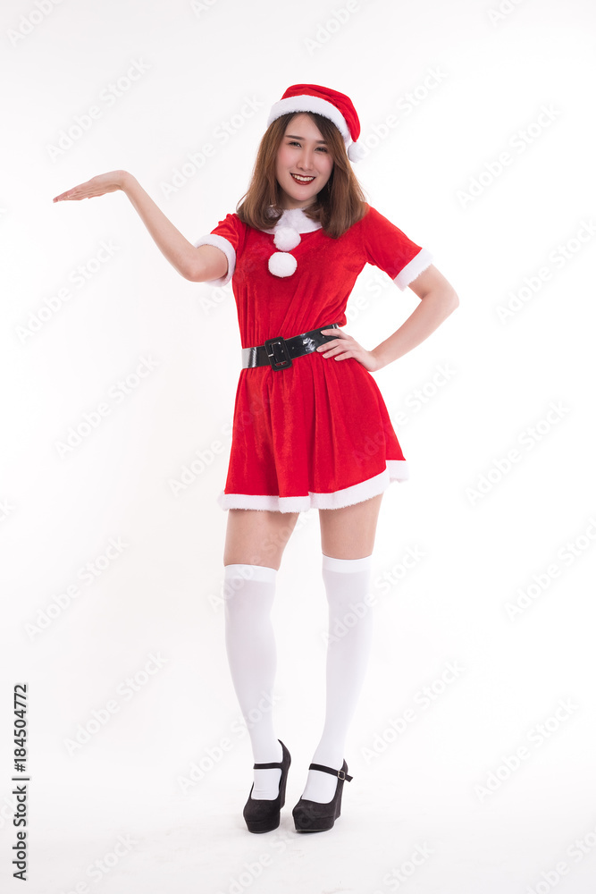 happy woman wearing santa claus dress on white background happy woman wearing santa claus dress on white background