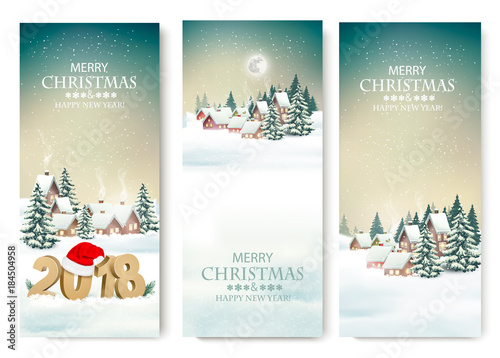 Three Holiday Christmas banners with a winter village and 2018. Vector