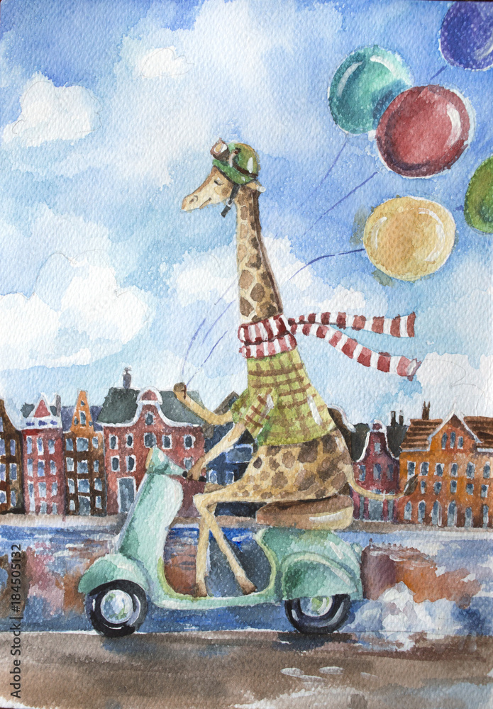 Obraz Śliczna żyrafa jedzie retro hulajnoga trzyma kolorowych balony w jeden ręce na europejskim mieście kształtuje teren tło