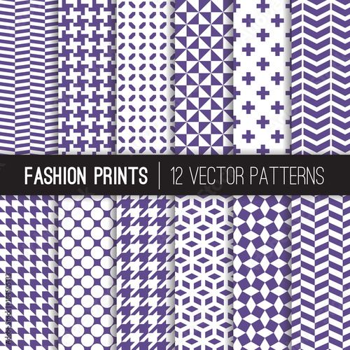 Ultra Violet Fashion Textile Vector Patterns. 2018 Color of the Year. Purple and White Houndstooth, Herringbone, Triangle, Cross, Dots, Chevron. Pattern Tile Swatches Included.