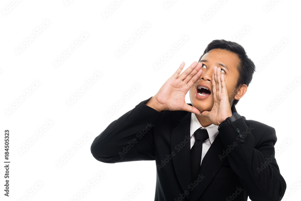 Portrait of a business man is yelling. Isolated on white background Portrait of a business man is yelling. Isolated on white background
