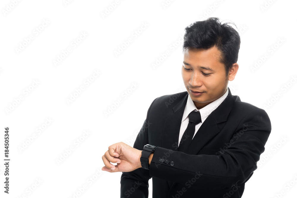 Portrait of a business man watching watch. Isolated on white background Portrait of a business man watching watch. Isolated on white background