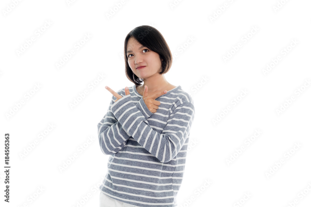 Beautiful asian woman is thinking, portrait studio on white background Beautiful asian woman is thinking, portrait studio on white background