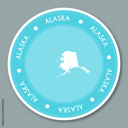 Alaska label flat sticker design. Patriotic US state map round label. Round badge vector illustration.