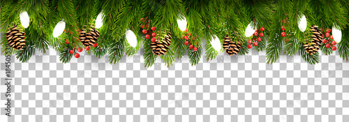 Christmas holiday decoration with branches of tree and pine and garland on transparent background. Vector.
