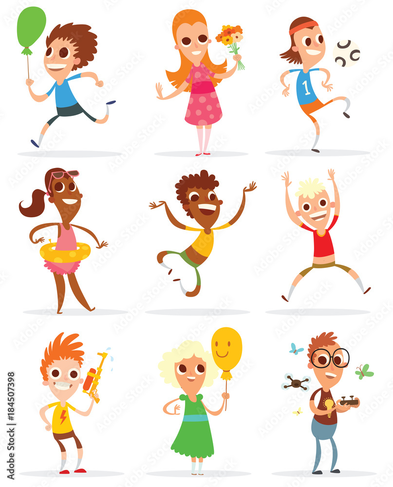 Vector cartoon image of a set of different children with different color hair and skin, with different attributes of the summer in hands on a white background. Vacation, summer. Vector illustration. Vector cartoon image of a set of different children with different color hair and skin, with different attributes of the summer in hands on a white background. Vacation, summer. Vector illustration.