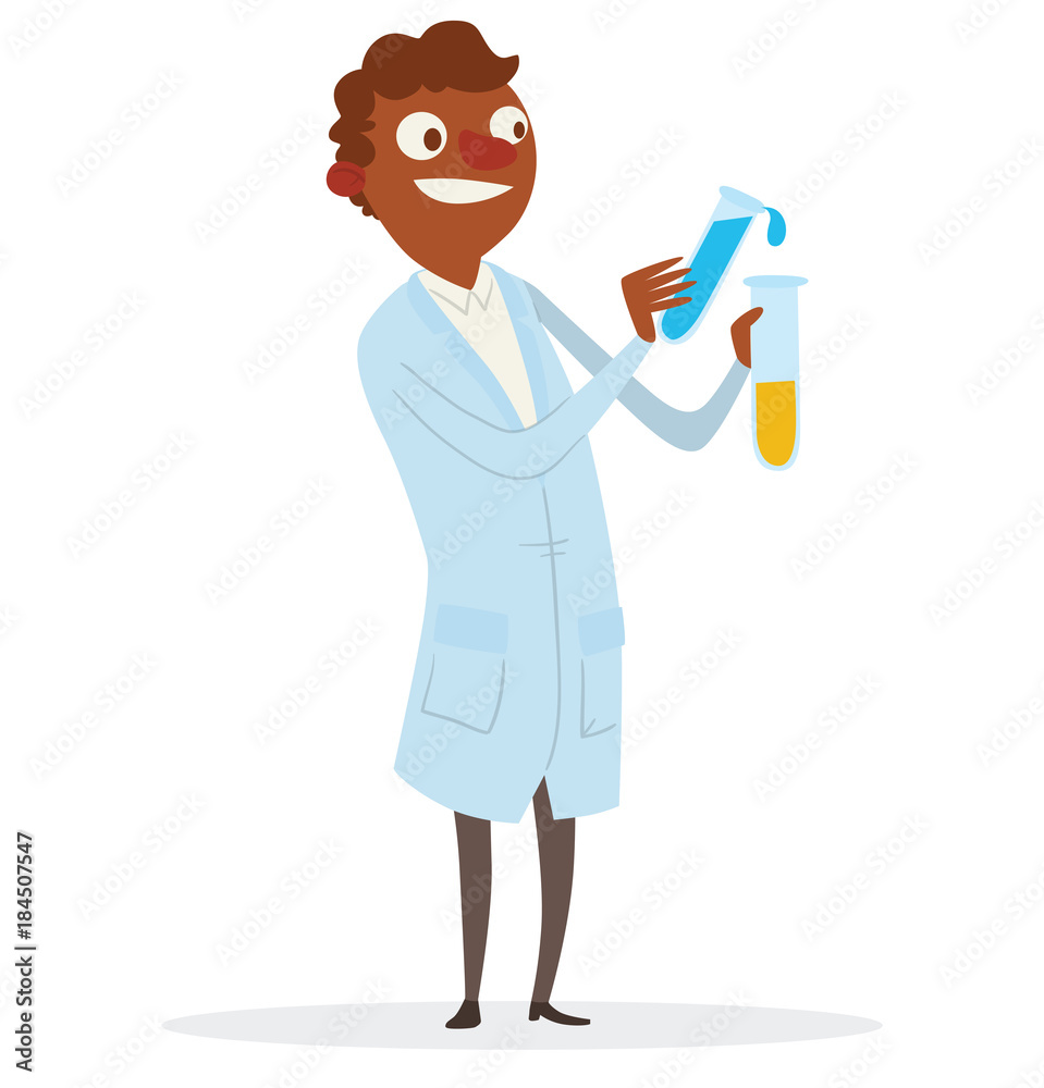 Vector cartoon image of black man scientist with brown hair in a light blue lab coat, gray pants with glass bulbs with yellow and blue chemicals in hands on a white background. Vector illustration. Vector cartoon image of black man scientist with brown hair in a light blue lab coat, gray pants with glass bulbs with yellow and blue chemicals in hands on a white background. Vector illustration.