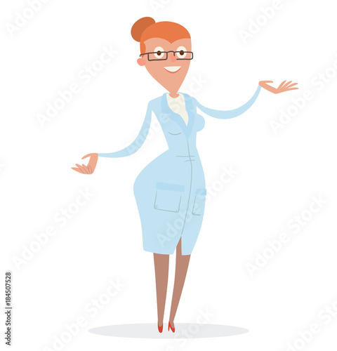 Vector cartoon image of woman scientist with red hair wearing glasses in a light blue lab coat standing on a white background. The science. Vector illustration.