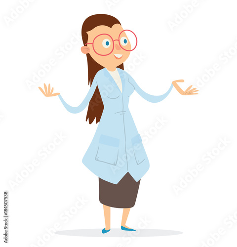 Vector cartoon image of woman scientist with long brown hair wearing glasses in a light blue lab coat and gray skirt standing on a white background. The science. Vector illustration.