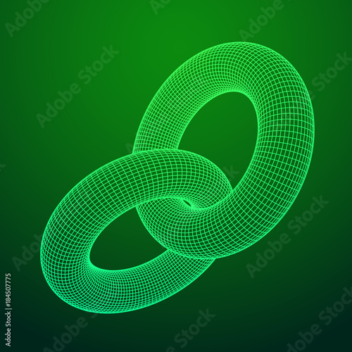 Wireframe polygonal element. 3D Torus chain with lines and dots abstract vector background