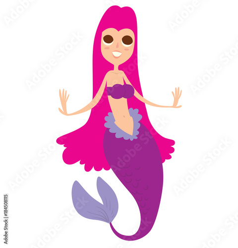 Vector cartoon image of a funny beautiful mermaid with bright pink long hair, purple tail and bra, smiling on a white background. Undersea world. Vector illustration.