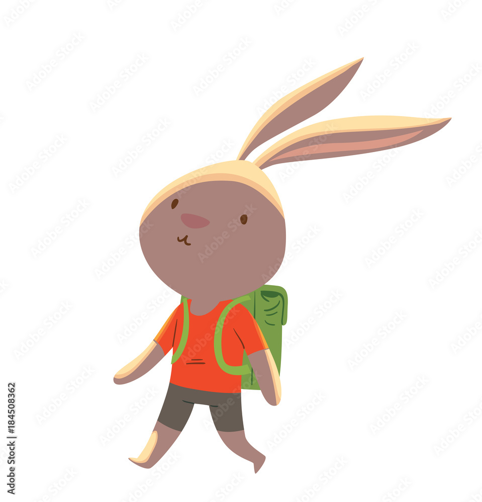 Naklejka premium Vector cartoon image of a cute little gray rabbit - schoolboy in gray shorts and red T-shirt with green school bag behind his back on a white background. School education, animals. Vector illustration