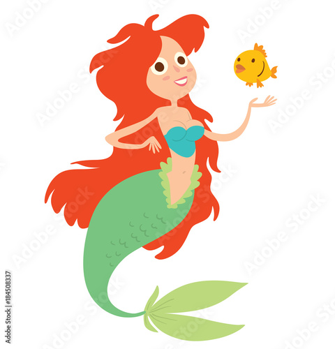 Vector cartoon image of a funny beautiful mermaid with red long wavy hair, light green tail and blue bra, smiling with a yellow fish near on a white background. Undersea world. Vector illustration.