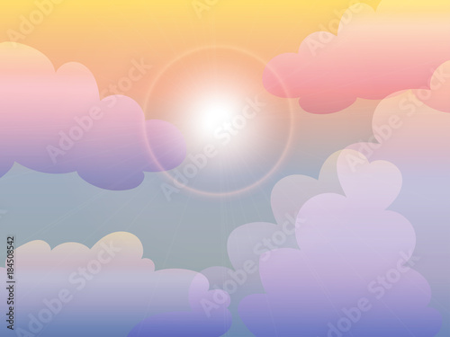Vector and illustration of pastel shading color sky in sunset or sunrise with cute white cloud and sun flare light for background and backdrop or wallpaper