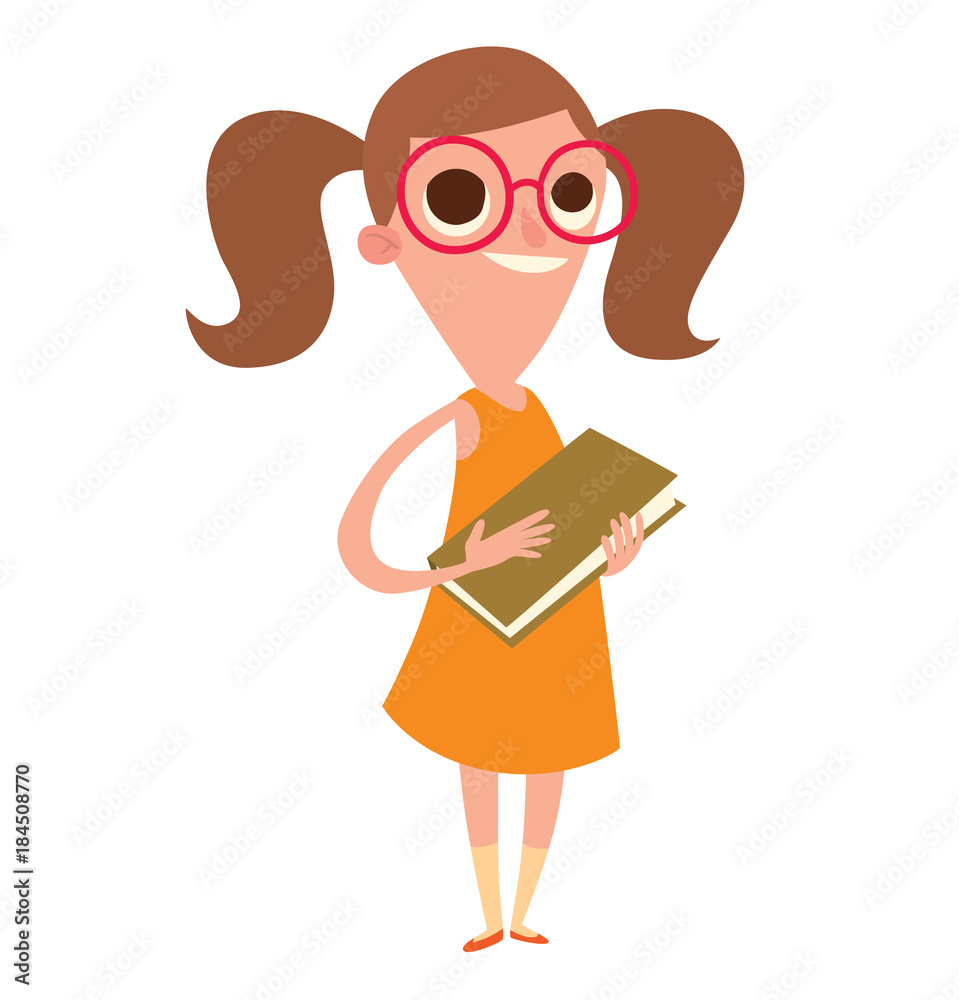 Vector cartoon image of a funny little girl in glasses with brown hair in  an orange