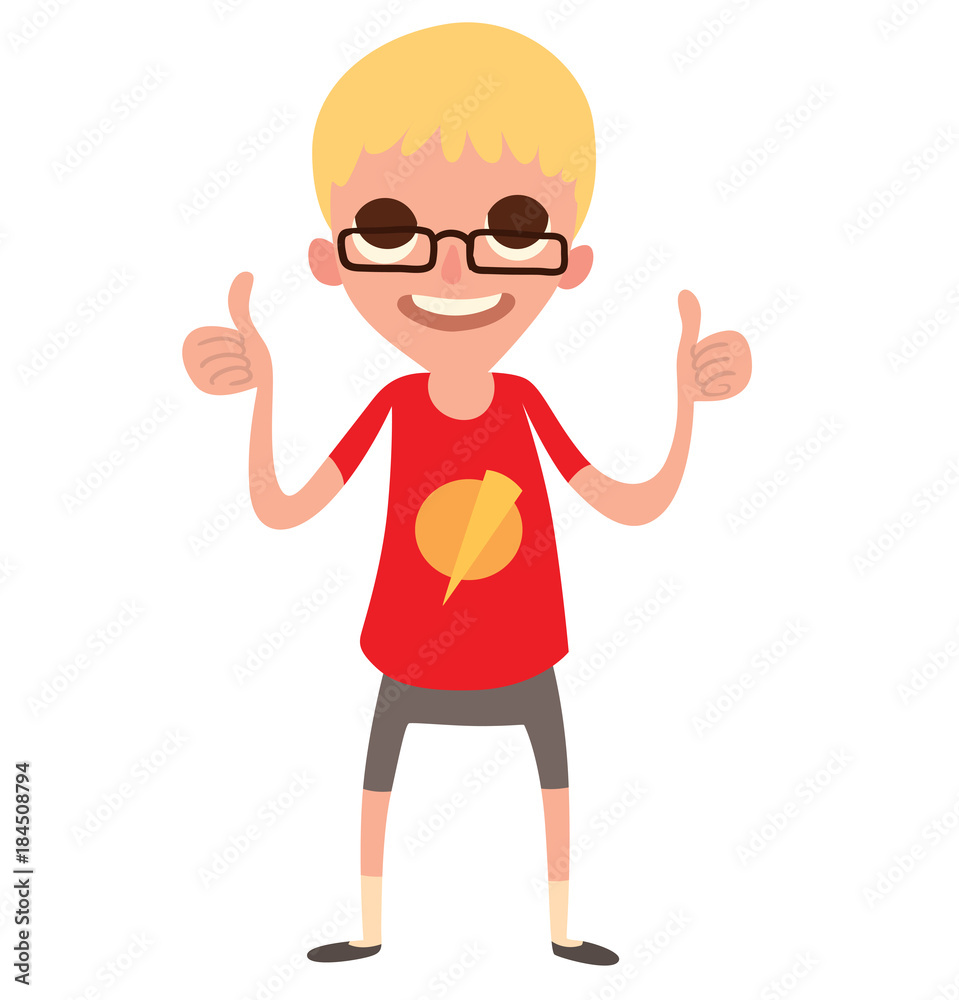 Vector cartoon image of a funny little boy in glasses with blond hair in  red t-shirt, with yellow symbol and gray shorts, standing and smiling on a  white background. Vector illustration. Stock