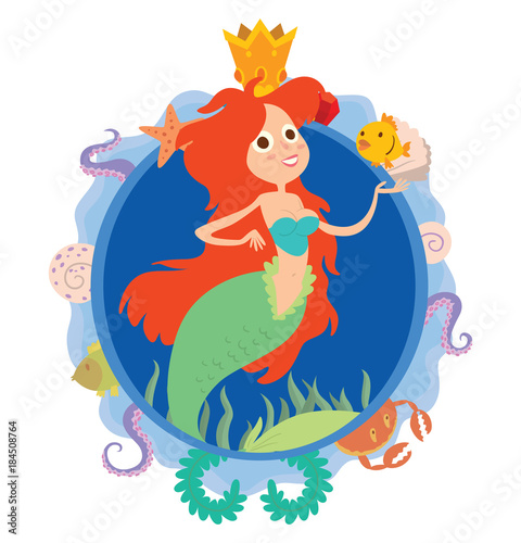Vector image of a blue round frame with marine symbols  shells  tentacles  crab  fish  algae and golden crown with cartoon image of cute mermaid with red long wavy hair in center on a white background