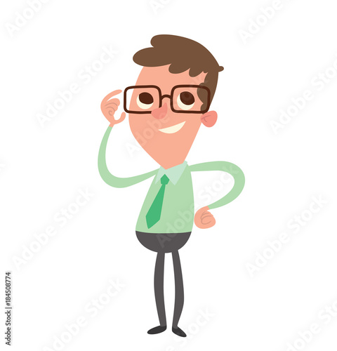 Vector cartoon image of a funny little boy in glasses with brown hair in a light green shirt, green tie and gray pants smiling on a white background. Vector illustration.