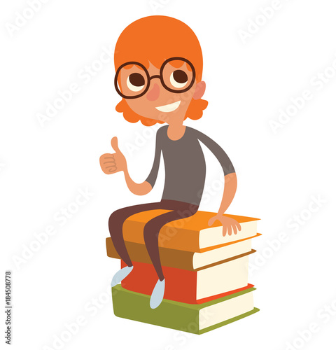 Vector cartoon image of a funny little boy in glasses with orange hair in brown pants and gray jacket sitting on a pile of books of different colors smiling on a white background. Vector illustration.